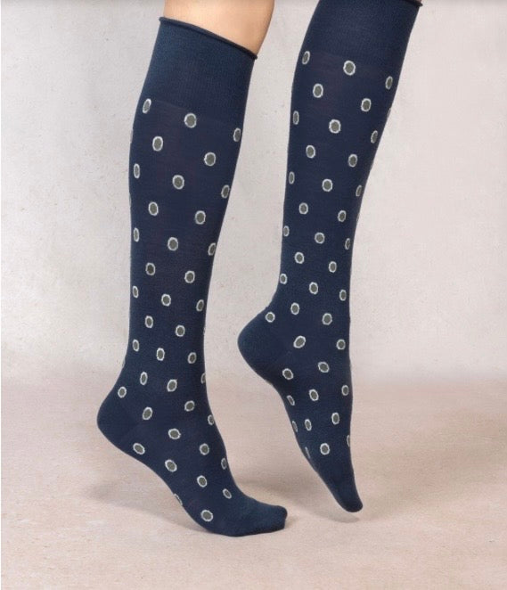 Bleu Foret Woll knee high with dots.