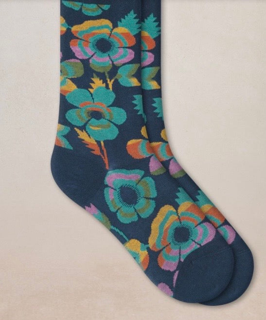 Bleu Foret Cotton with flowers