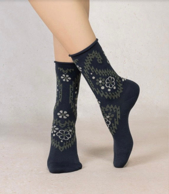 Bleu Foret Cotton Paisley flower sock
