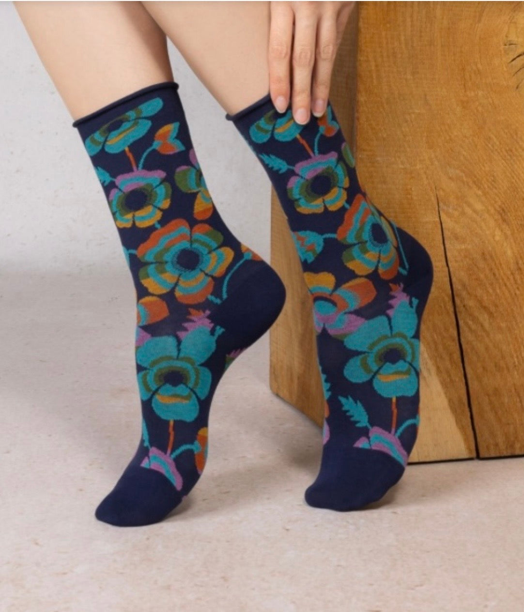 Bleu Foret Cotton with flowers