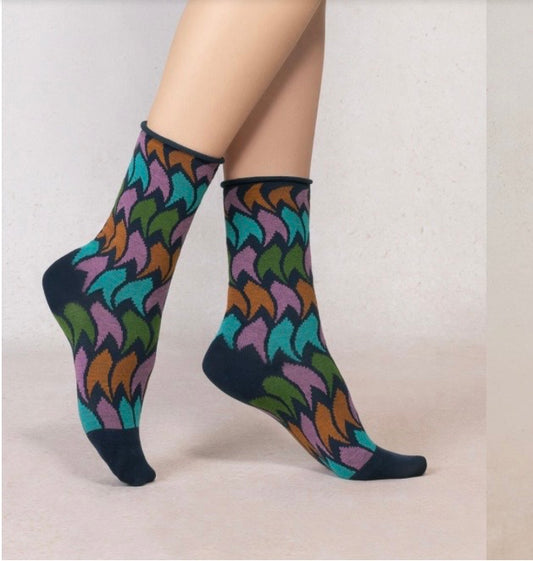 Bleu Foret Velvety Feather pattern sock.