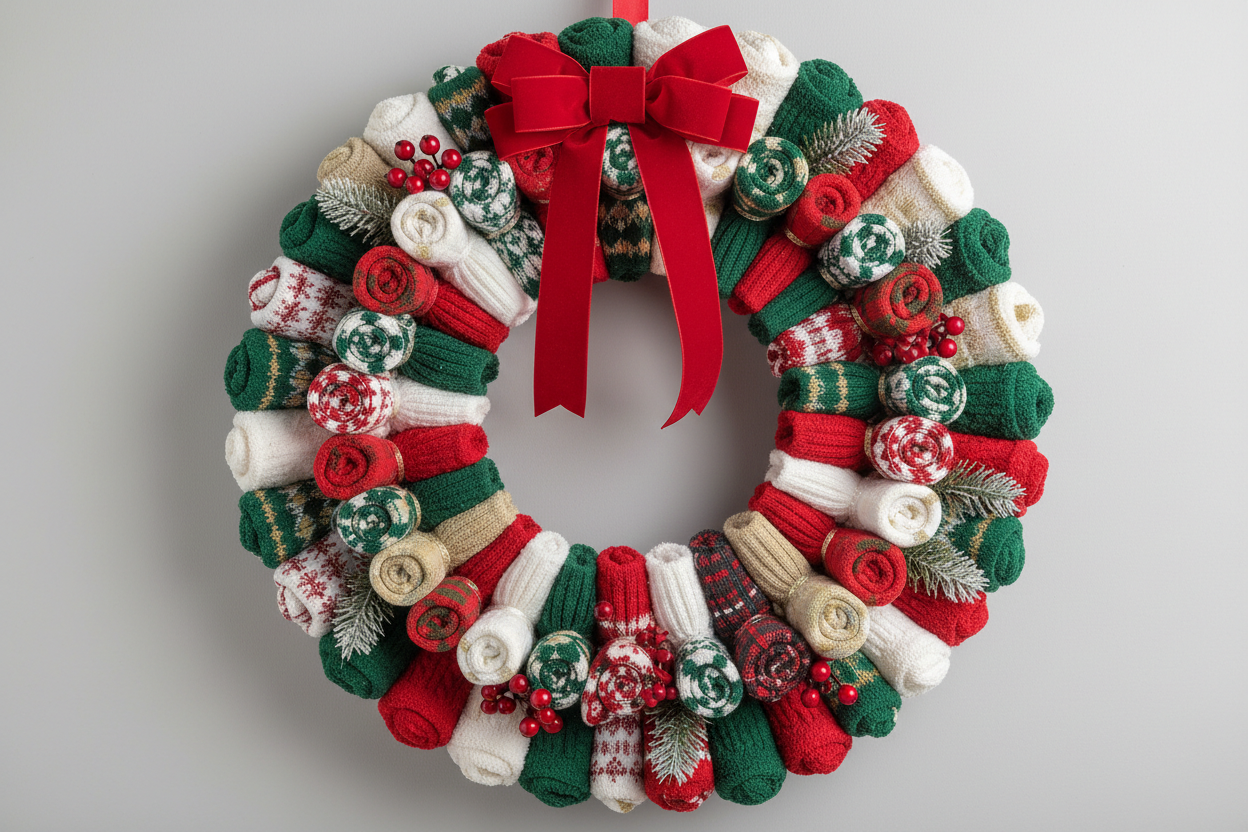 Christmas wreath made with socks